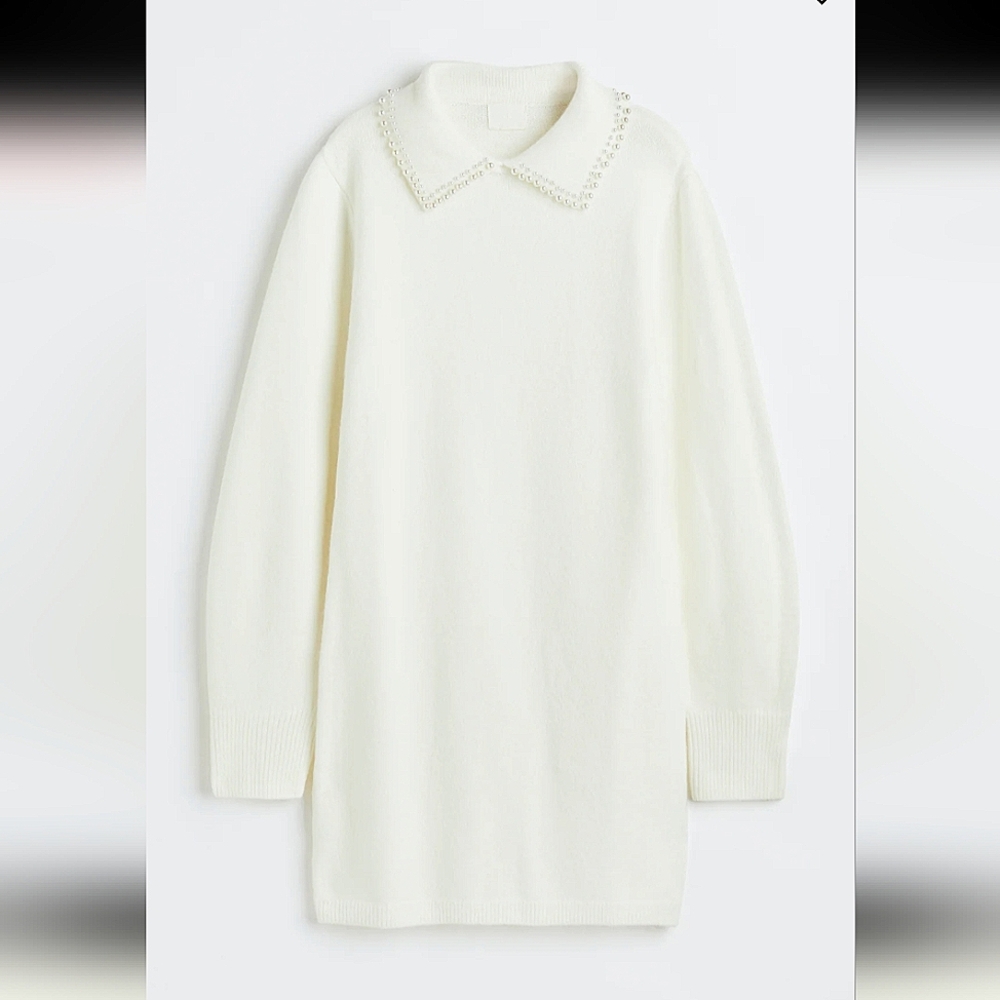 H&M Off White Knit Sweater Dress Pearl Bead Peter Pan Collar Large - Picture 16 of 16